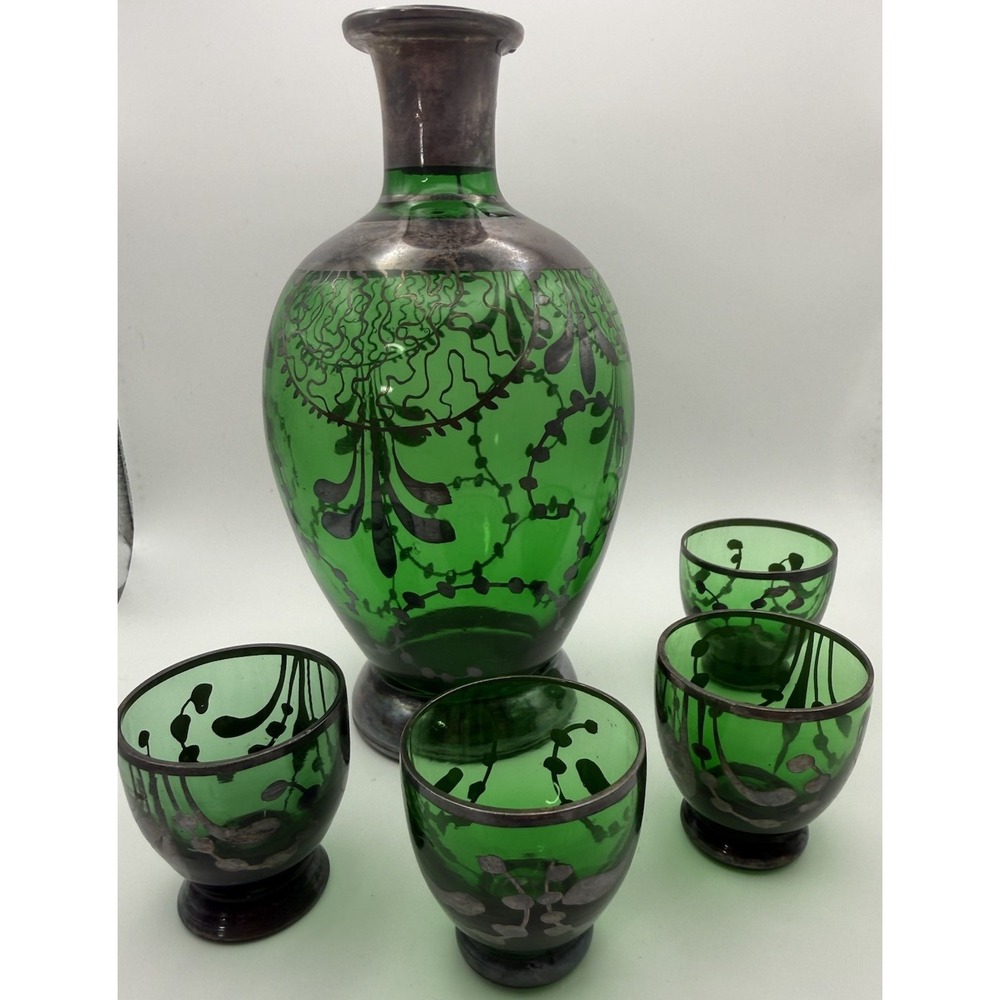VTG Italian Emerald Green Glass Decanter & Glasses Silver Overlay Florence Italy